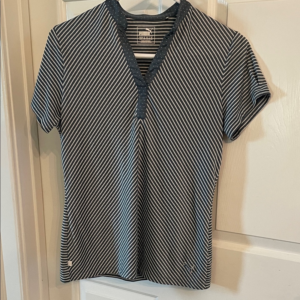 Puma Navy and White Striped V-Neck Golf Tee